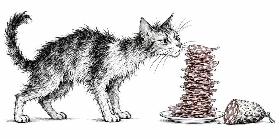 Un chat observe une pile de tranches de saucisson