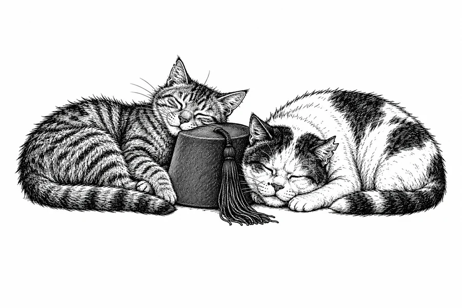 Deux chats endormis autour d’un fez