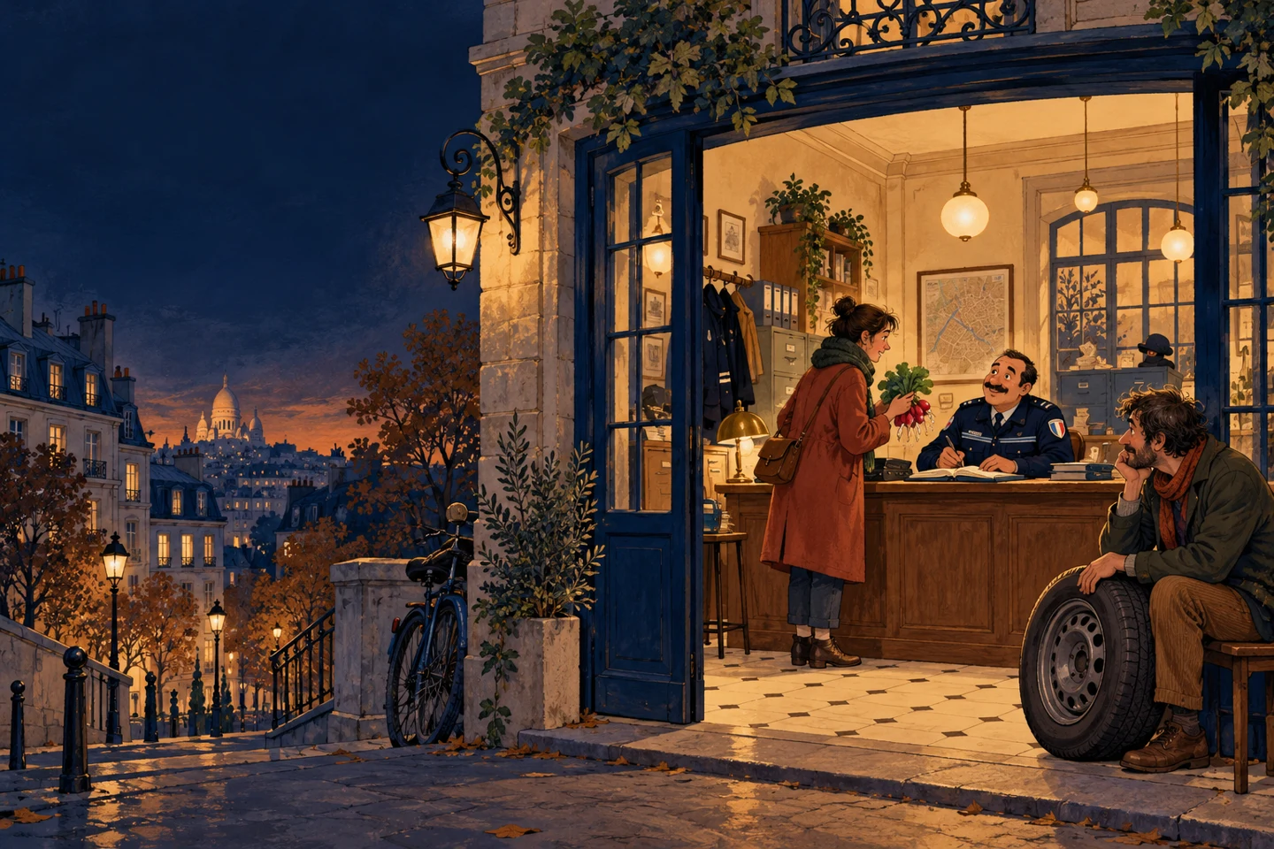 An illustrated French police station at dusk: an officer takes a report while a visitor holds radishes and another waits with a car tire.